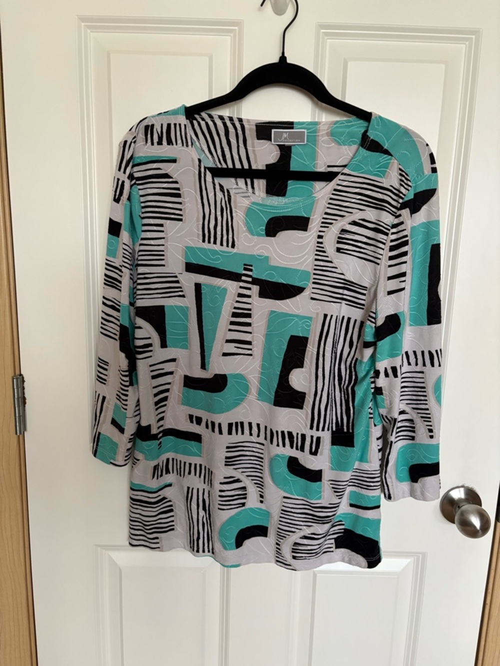 JM Collection Geometric V-Neck Tunic in Teal, Black & Gray